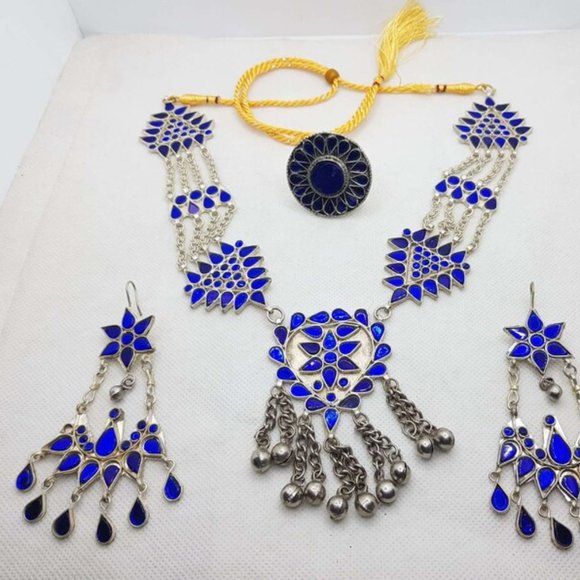 Blue Glass Stones Mala Pendant Necklace With Big Earrings and Ring, Handmade - Picture 5 of 12